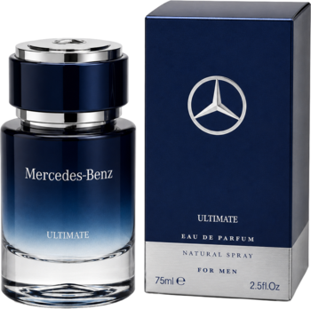Mercedes-Benz Ultimate EDP 75ml dla mężczyzn: niebieski flakon i granatowe pudełko z logo, widok z przodu.