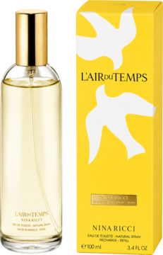 Nina Ricci L'Air du Temps woda toaletowa 100ml, butelka ze złotą nakrętką i żółte pudełko z gołębiami.