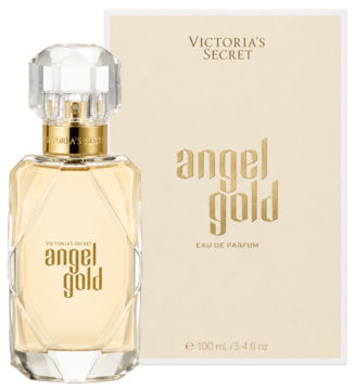Victoria's Secret Angel Gold perfumy 100ml. Złota butelka z kryształowym korkiem i beżowe pudełko, widok z przodu.