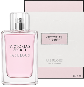 Victoria's Secret Fabulous Eau de Parfum, różowy flakon i biało-różowe pudełko 3.4 fl oz, widok z przodu.