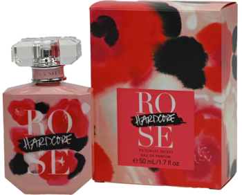 Victoria's Secret Hardcore Rose woda perfumowana, różowa butelka 50ml z kwiatowym printem i pasujące pudełko.