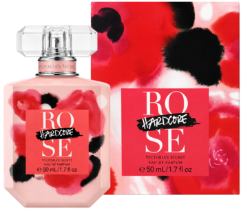 Victoria's Secret Hardcore Rose EDP 50ml, różowa butelka i pudełko z odważnym czerwono-czarnym wzorem róż.
