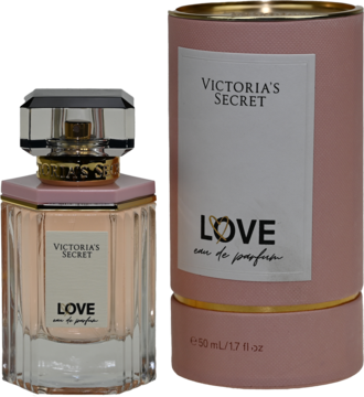 Victoria's Secret Love woda perfumowana 50ml w szklanej butelce obok różowego cylindrycznego opakowania.