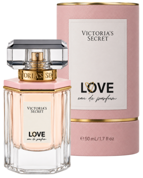 Perfumy Victoria's Secret Love EDP 50ml: szklany flakon z różowym detalem obok różowego kartonika.