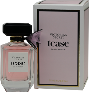 Perfumy Victoria's Secret Tease EDP, różowy flakon z czarną nakrętką i kokardą obok pudełka, widok z przodu.