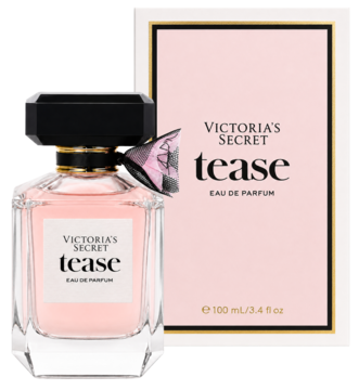 Victoria's Secret Tease EDP 100ml, różowy flakon z czarną nakrętką i kokardką, obok pudełka, ujęcie frontalne.