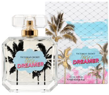 Victoria's Secret Tease Dreamer perfumy: butelka z palmami i niebieskim tłem, obok dopasowane pudełko.