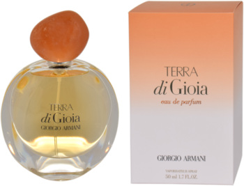 Terra di Gioia Eau de Parfum w bursztynowym flakonie i biało-pomarańczowym pudełku, widok z przodu.