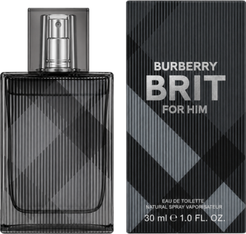 Męska woda toaletowa Burberry Brit for Him 30ml, butelka i kartonik w ciemnoszarym odcieniu z wzorem tartanu, widok przodem.