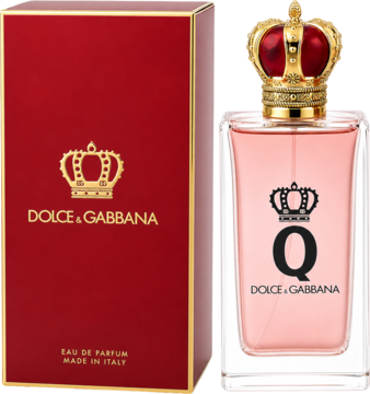 Dolce&Gabbana Q by Dolce woda perfumowana, różowy flakon z czerwoną koroną, czerwone pudełko z złotym logo.