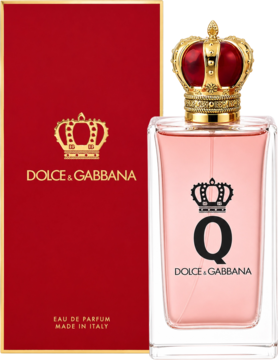 Woda perfumowana Dolce & Gabbana Q w różowej butelce z koroną obok czerwonego pudełka, widok z przodu.
