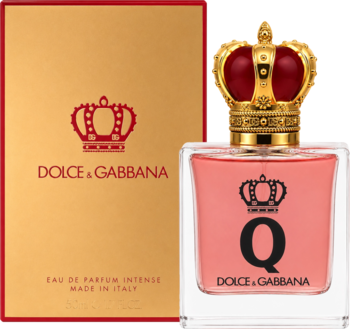 Perfumy Q by Dolce & Gabbana Intense: różowa butelka z koroną i złote pudełko, widok z przodu.