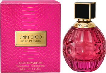 Jimmy Choo Rose Passion EDP, różowe pudełko z fakturą węża i fasetowana butelka, widok z przodu.