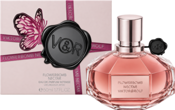 Różowa woda perf. Viktor & Rolf Flowerbomb Nectar, fasetowany flakon i pudełko z czarną pieczęcią V&R.