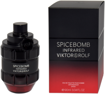 Viktor & Rolf Spicebomb Infrared EDT: czarny flakon w kształcie granatu z czerwoną podstawą i pasujące pudełko.