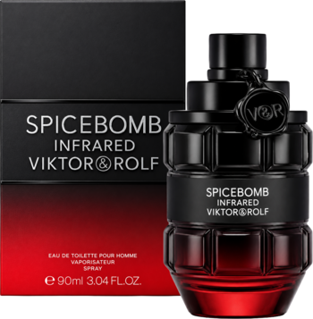 Viktor & Rolf Spicebomb Infrared EDT 90ml. Czarno-czerwony flakon w kształcie granatu, obok pudełka z logo.