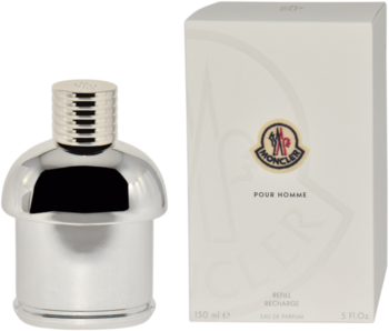 Moncler Pour Homme woda perfumowana: srebrna, błyszcząca butelka i białe pudełko z logo Moncler.