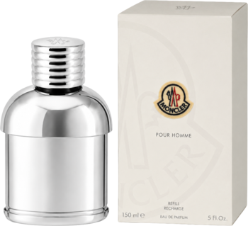 Moncler Pour Homme: srebrna woda perfumowana 150ml z metalową, prążkowaną nakrętką, obok beżowego pudełka z logo.
