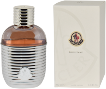 Moncler Pour Femme Eau de Parfum, srebrny ryflowany flakon obok beżowego pudełka z logo, widok z przodu.