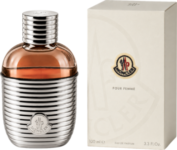 Moncler Pour Femme perfumy damskie. Srebrna, żebrowana butelka, obok kremowe pudełko z logo Moncler, przód.