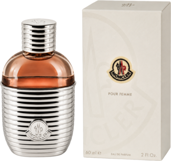 Moncler Pour Femme EDP, butelka z miedzianą górą i srebrnym żebrowaniem, obok kremowe pudełko.
