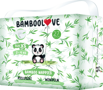 Opakowanie pieluszek Bamboolove XS (2-4 kg) z pandą i liśćmi bambusa. Widok z przodu, 27 sztuk.