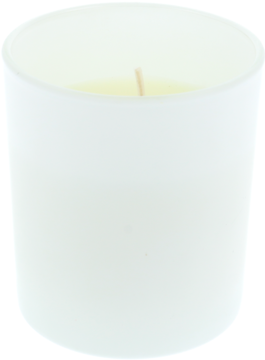 Świeca Domol Calming White w estetycznym, białym szkle, zapach bawełny i kwiatu jabłoni, widok z przodu.