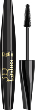Czarna maskara Delia New Look 3D Lashes z złotym napisem, obok otwarta silikonowa szczoteczka.