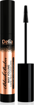 Czarna maskara Delia Black Balm Max Volume z efektem sztucznych rzęs, tubka z miedzianym wzorem i aplikator.