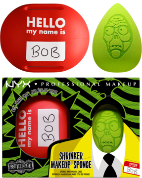 NYX Beetlejuice makeup sponge set: red 'Hello Bob' case & green zombie-face sponge, with the full box.