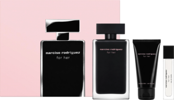 Zestaw Narciso Rodriguez for Her: dwa czarne flakony EDT, balsam i miniatura na różowo-czarnym tle.
