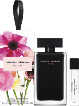 Zestaw damskich perfum Narciso Rodriguez for Her: czarna woda toaletowa 100ml i Pure Musc 10ml, pudełko w różowe kwiaty.