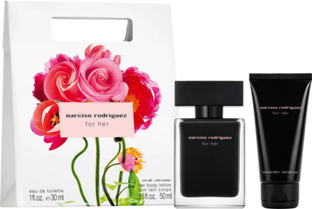 Narciso Rodriguez For Her zestaw upominkowy: biała torebka z kwiatami, czarna woda toaletowa 30ml i balsam 50ml.