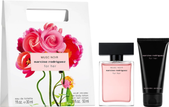 Zestaw Narciso Rodriguez Musc Noir: biała torba z różowymi kwiatami, perfumy 30ml i balsam 50ml.