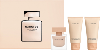 Zestaw prezentowy Narciso: duża woda perfumowana Poudree, mała woda perfumowana, balsam i żel.