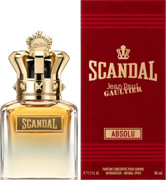 Scandal Pour Homme Absolu perfumy: złoty flakon z koroną i czerwone opakowanie, widok z przodu.
