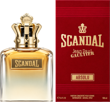 Scandal Pour Homme Absolu, złoty flakon perfum z koroną obok czerwonego pudełka. Ujęcie frontalne.