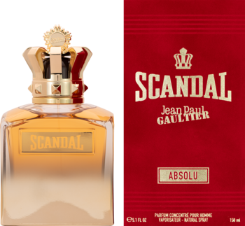 Złoty flakon perfum Jean Paul Gaultier Scandal Absolu z koroną, obok czerwone pudełko z napisem.