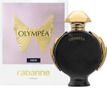 Paco Rabanne Olympéa Parfum: czarny flakon z kulistym korpusem i złotymi zdobieniami, obok białe pudełko z różowym tłem. Widok przód-bok.