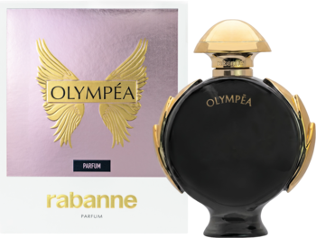 Perfumy Olympéa Paco Rabanne: czarny flakon ze złotymi skrzydłami i różowo-białe pudełko, widok z przodu.