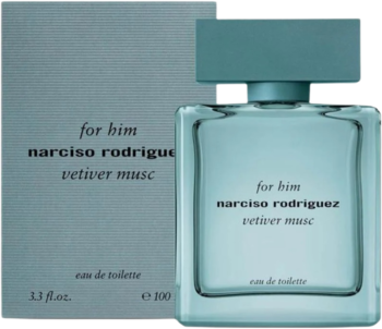 Narciso Rodriguez For Him Vetiver Musc, woda toaletowa męska 100ml, turkusowa butelka i pudełko z przodu.