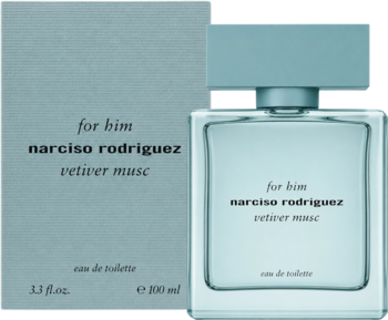 Narciso Rodriguez For Him Vetiver Musc, męskie wegańskie perfumy w jasnoniebieskiej butelce i pudełku.