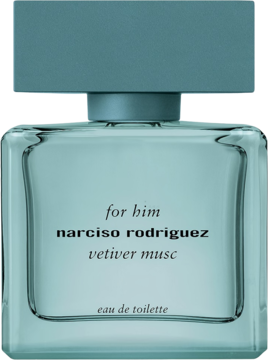 Niebiesko-zielona szklana butelka Narciso Rodriguez For Him Vetiver Musc EDT, widok z przodu z napisami.
