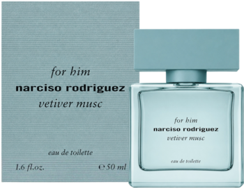 Butelka wody toaletowej Narciso Rodriguez For Him Vetiver Musc i jej pudełko w kolorze błękitu, widok z przodu.