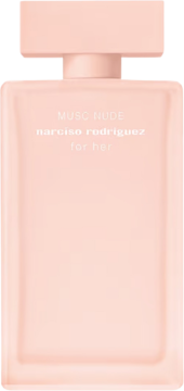 Wegańskie perfumy Narciso Rodriguez For Her Musc Nude w prostokątnej, matowej butelce, pudrowy róż.