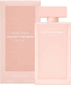 Wegańskie perfumy Narciso Rodriguez For Her Musc Nude, matowa różowa butelka i pudełko, widok z przodu.