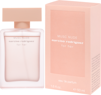 Woda perfumowana Narciso Rodriguez For Her Musc Nude w pudrowej butelce i pudełku, widok z przodu.