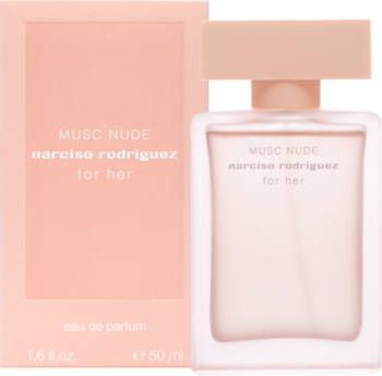 Woda perfumowana Narciso Rodriguez For Her Musc Nude, butelka i różowe pudełko z napisem, widok z przodu.