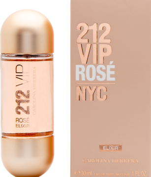 Perfumy 212 VIP Rosé Elixir Carolina Herrera, butelka i kartonik w odcieniach różowego złota, widok z przodu.