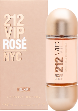 212 VIP Rosé Elixir, perfumy damskie Carolina Herrera. Elegancka różowo-złota butelka z metalicznym wykończeniem obok dopasowanego pudełka, widok z przodu.